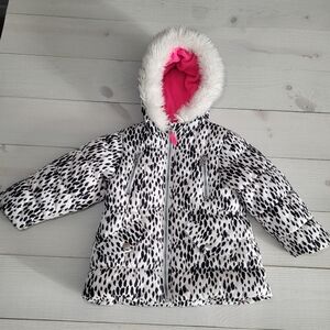 Carter's Girl's Puffer Coat Black White Snow Leopard Faux Fur Trim Hood